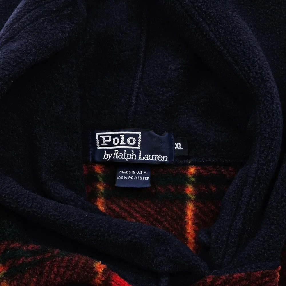 Polo Ralph Lauren Fleece Hoodie Mens XL‎ Red Navy Plaid Side Zip Vintage 90s USA